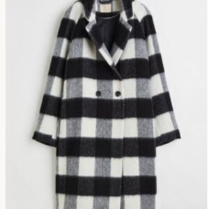 H&M Double-breasted Wool-blend Coat in Black and White plaid print